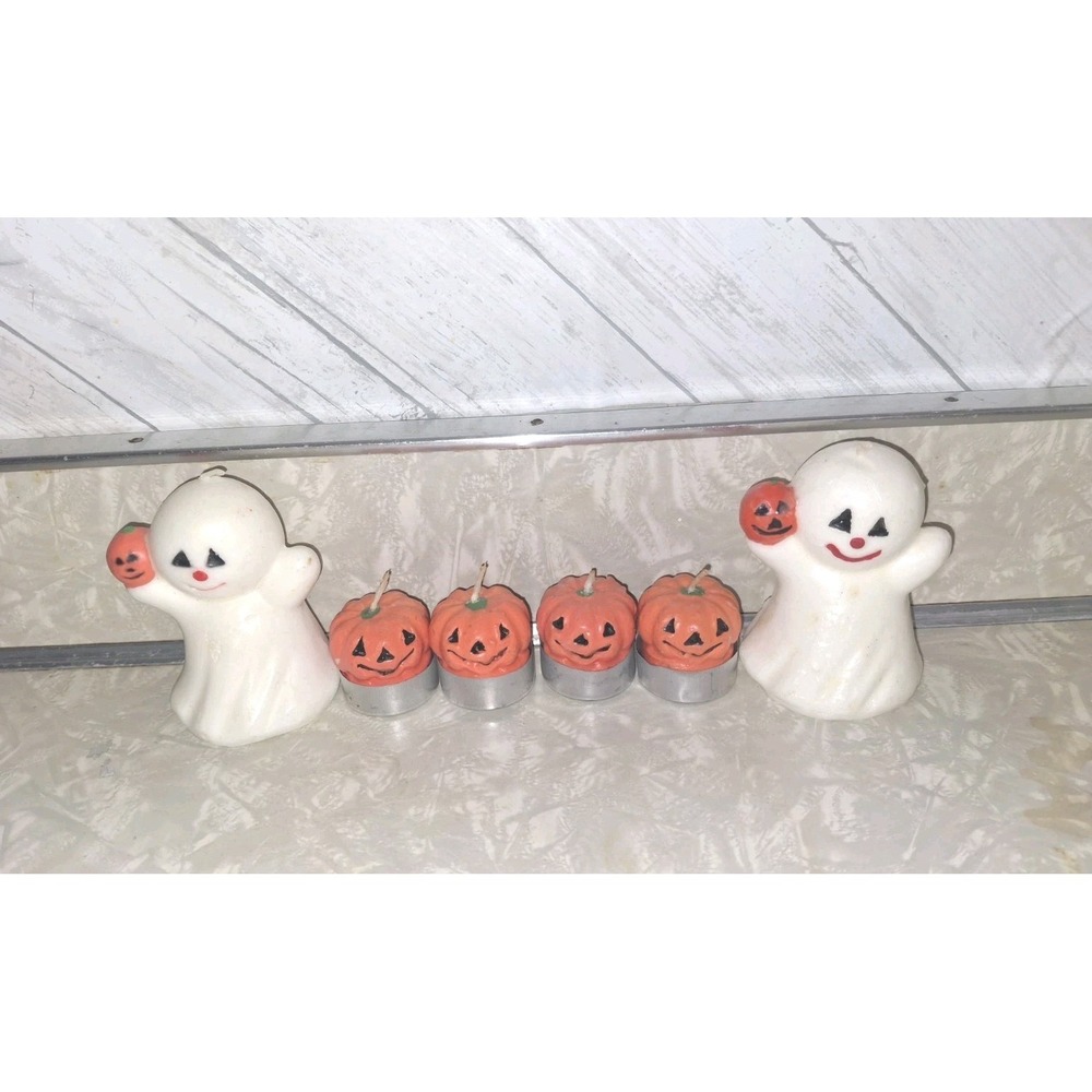 Vintage Halloween Candle Lot Pumpkin Jack O Lantern Ghost 6 Pieces Tea Lights